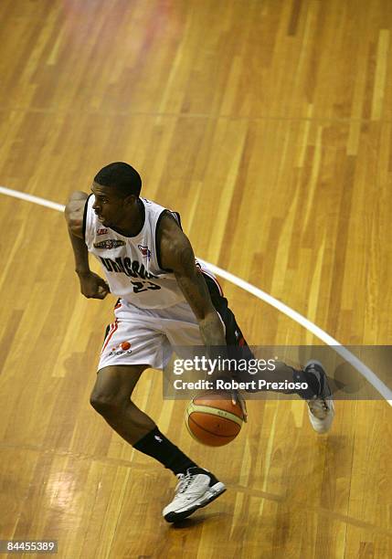 Donta Smith of the Dragons drives to the basket during the round 20 NBL match between the Melbourne Tigers and the South Dragons held at the State...