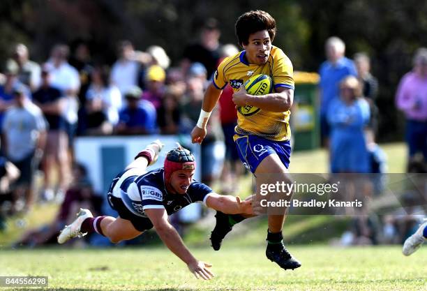 Henry Taefu of Brisbane City breaks away from the defence during the round two NRC match between Queensland Country and Brisbane on September 9, 2017...