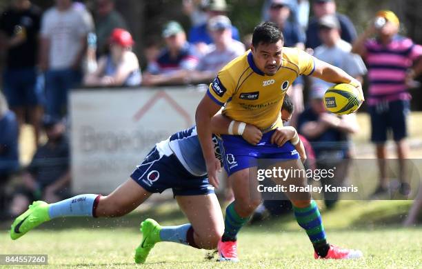 Alatimu of Brisbane City looks to offload during the round two NRC match between Queensland Country and Brisbane on September 9, 2017 in Noosa,...