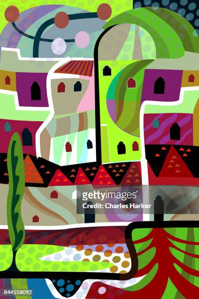 vivid purple and green cubist village illustration in all over dynamic pattern - charles harker ストックフォトと画像