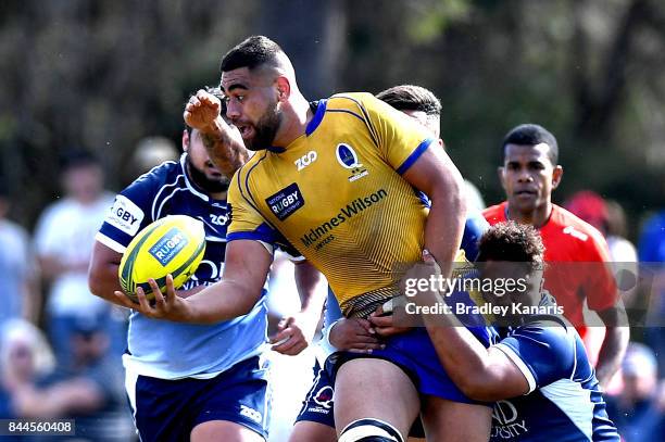 Lukhan Lealaiauloto-Tui of Brisbane City offloads during the round two NRC match between Queensland Country and Brisbane on September 9, 2017 in...