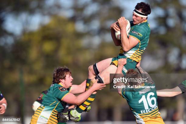 Eric Duff of Mid Canterbury catches a ball during the Heartland Championship match between Mid Canterbury and South Canterbury on September 9, 2017...