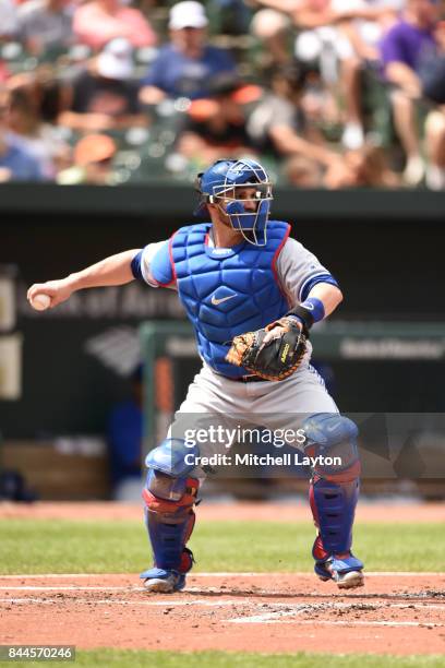 Miguel Montero of the Toronto Blue Jays thorws to second base during a baseball game against the Baltimore Orioles at Oriole Park at Camden Yards on...