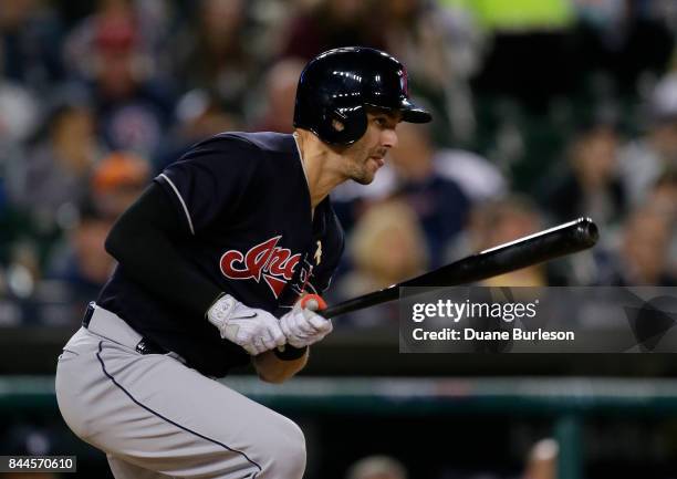 Lonnie Chisenhall of the Cleveland Indians singles against the Detroit Tigers during the sixth inning of game two of a doubleheader at Comerica Park...