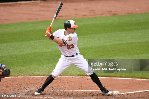 Joey Rickard of the Baltimore Orioles prepares for a pitch during a baseball game against the Toronto Blue Jays at Oriole Park at Camden Yards on...