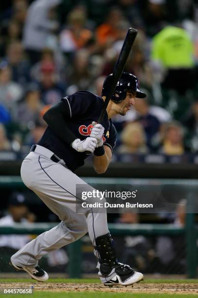 Lonnie Chisenhall of the Cleveland Indians singles against the Detroit Tigers during the sixth inning of game two of a doubleheader at Comerica Park...