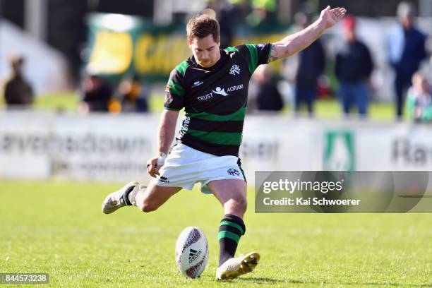 Willie Wright of South Canterbury kicks a conversion during the Heartland Championship match between Mid Canterbury and South Canterbury on September...