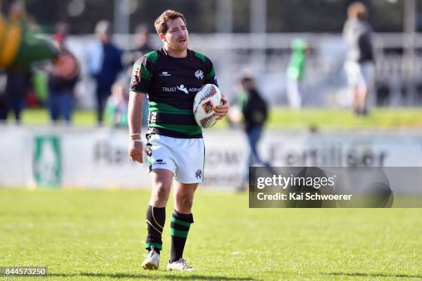 Willie Wright of South Canterbury looks to kick a conversion during the Heartland Championship match between Mid Canterbury and South Canterbury on...