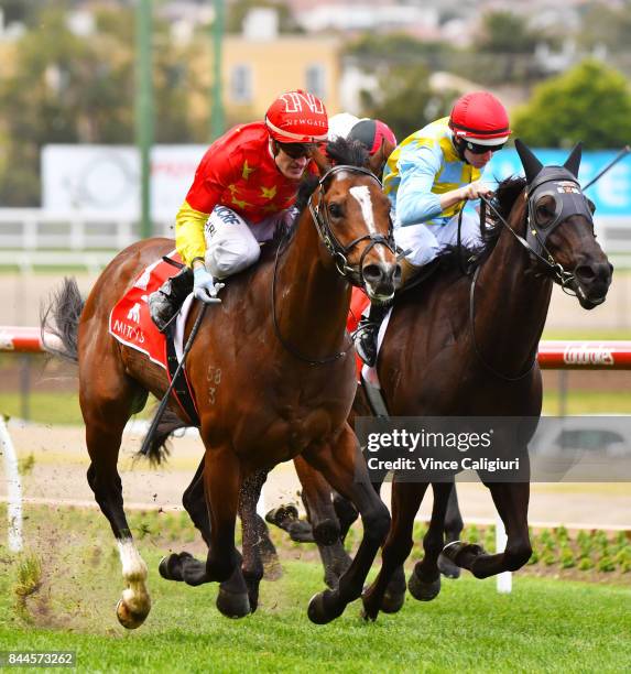 Mark Zahra riding Russian Revolution defeats Damian Lane riding Heatherly in Race 5, Mitty's McEwen Stakes during Melbourne Racing at Moonee Valley...