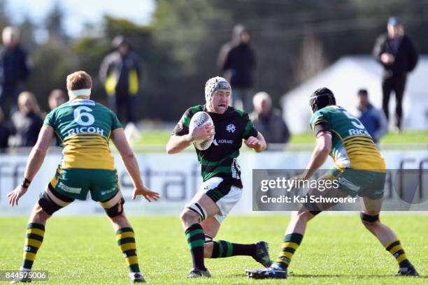 Luke Brice of South Canterbury charges forward during the Heartland Championship match between Mid Canterbury and South Canterbury on September 9,...