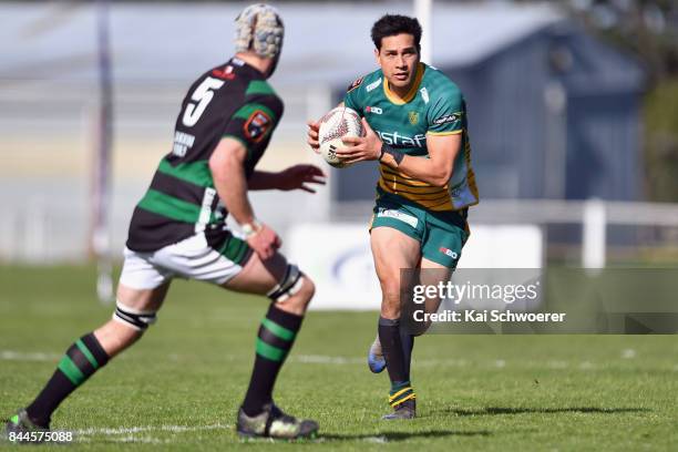 Regan King of Mid Canterbury charges forward during the Heartland Championship match between Mid Canterbury and South Canterbury on September 9, 2017...