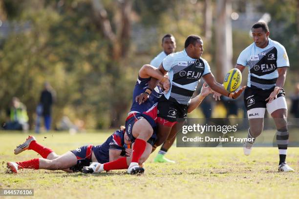 Eroni Vaster of Fiji receieves he ball during the round two NRC match between Melbourne and Fiji at Harlequins Rugby Club on September 9, 2017 in...