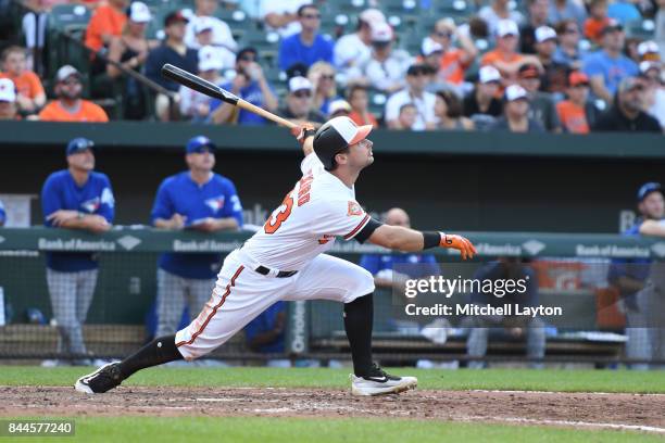 Joey Rickard of the Baltimore Orioles takes a swing during a baseball game against the Toronto Blue Jays at Oriole Park at Camden Yards on September...