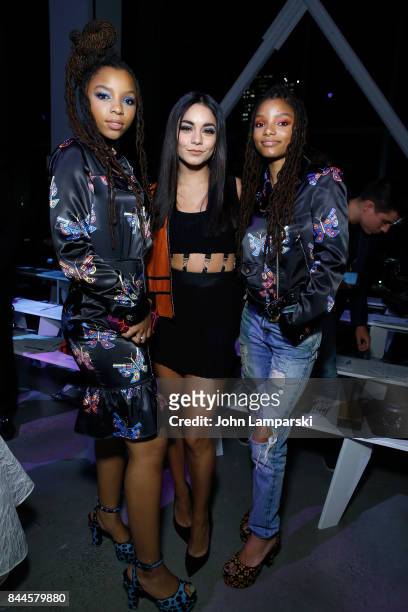 Chloe Bailey, Vanessa Hudgens and Halle Bailey attend Jeremy Scott collection during the September 2017 New York Fashion Week: The Shows on September...