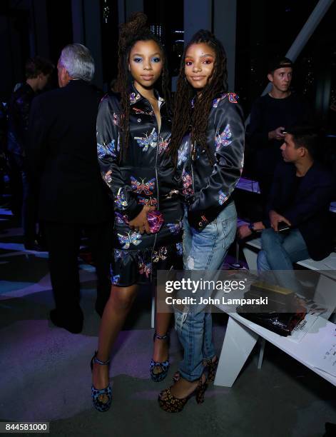 Chloe Bailey, and Halle Bailey attend Jeremy Scott collection during the September 2017 New York Fashion Week: The Shows on September 8, 2017 in New...