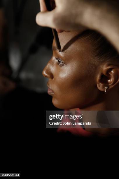 Model prepare bakcstage during the Jeremy Scott collection during the September 2017 New York Fashion Week: The Shows on September 8, 2017 in New...