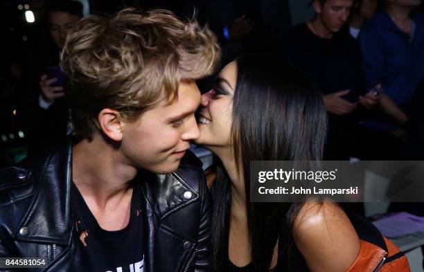 Austin Butler and Vanessa Hudgens attend Jeremy Scott collection during the September 2017 New York Fashion Week: The Shows on September 8, 2017 in...
