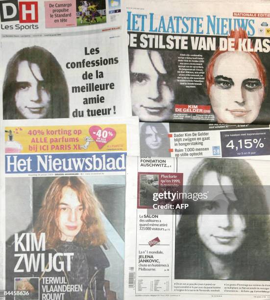 Picture taken on January 26, 2009 shows frontpages of some Belgian newspapers with pictures of Kim De Gelder, the suspect in a gruesome knife attack...