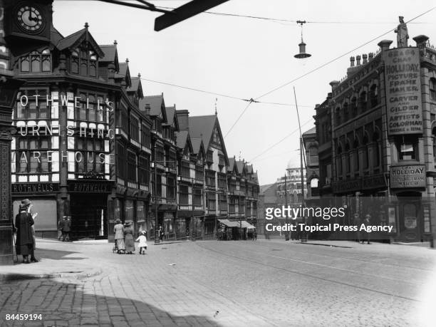 View down New Briggate in central Leeds, Yorkshire, July 1921.