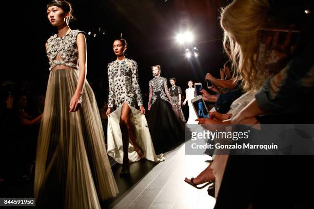 Models walk the runway during the Bibhu Mohapatra fashion show with Narayan Jewellers in association with ForeverMark Diamonds at Skylight Clarkson...