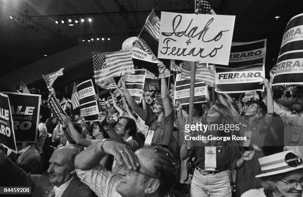 Floor demonstration supporting Walter Mondale and Geraldine Ferraro erupts during the 1984 San Francisco, California, Democratic National Convention...