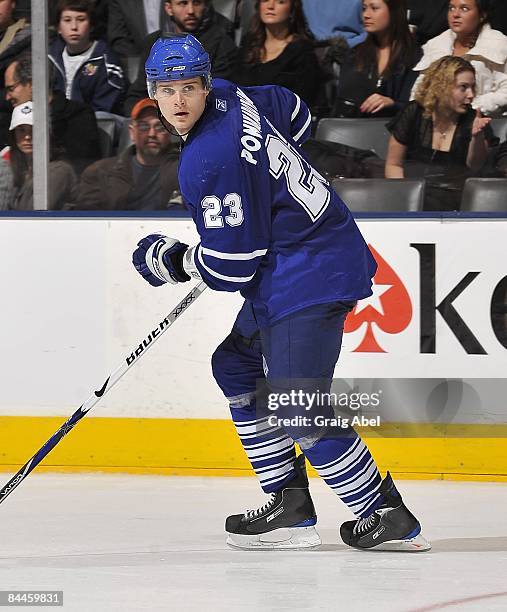 Alexei Ponikarovsky of the Toronto Maple Leafs skates against the Carolina Hurricanes on January 19, 2009 at the Air Canada Centre in Toronto,...