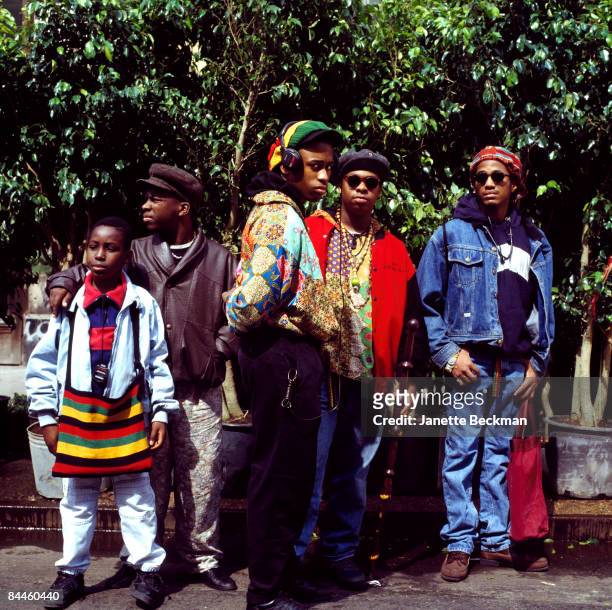 American hip hop group 'A Tribe Called Quest' during filming for an item on Yo! MTV Raps, New York City, 1990.
