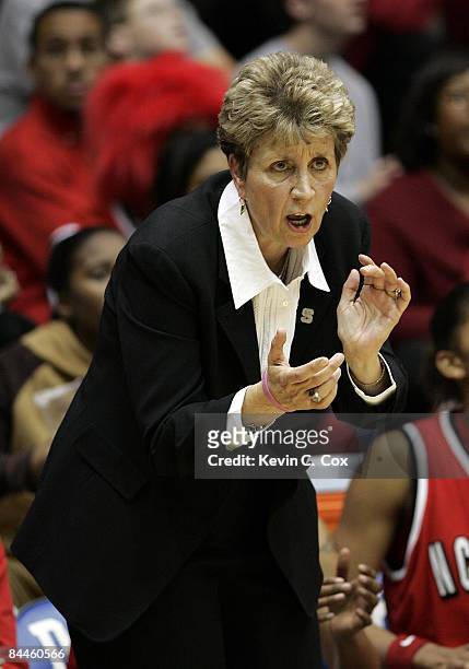 State head coach Kay Yow attempts to rally her team during the Wolfpack's 77-57 loss to Duke Thursday, January 19 at Cameron Indoor Stadium in...