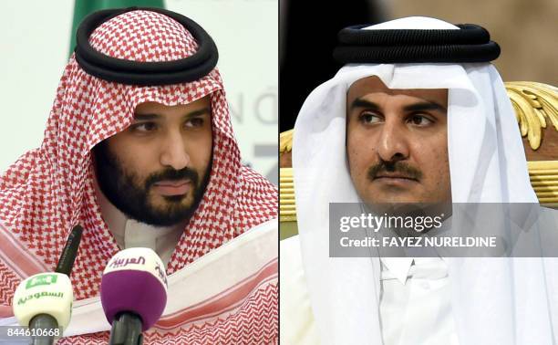 This combination of pictures created on September 9, 2017 shows then-Saudi Defence Minister and Deputy Crown Prince Mohammed bin Salman during a...