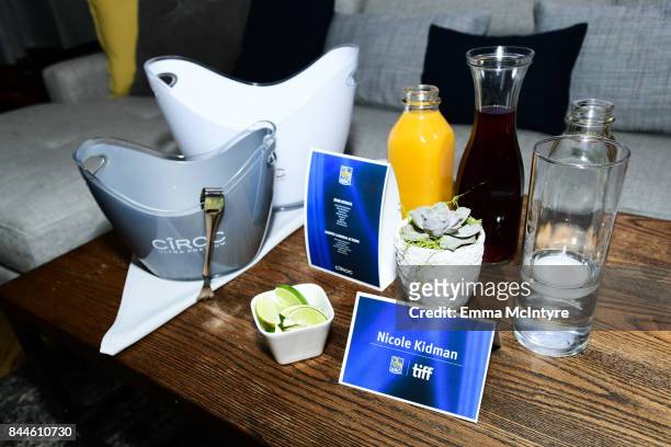 Sponsor products on display at the 'The Upside' cocktail party, hosted by RBC and The Weinstein Company, at RBC House Toronto Film Festival 2017 on...