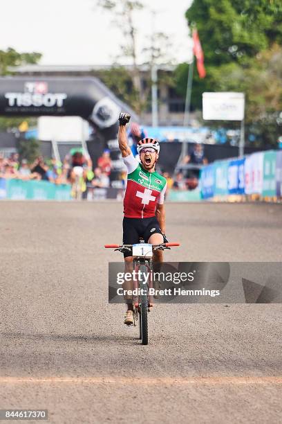 Nino Schurter of Switzerland celebrates winning the Elite Mens Cross Country race during the 2017 Mountain Bike World Championships on September 9,...