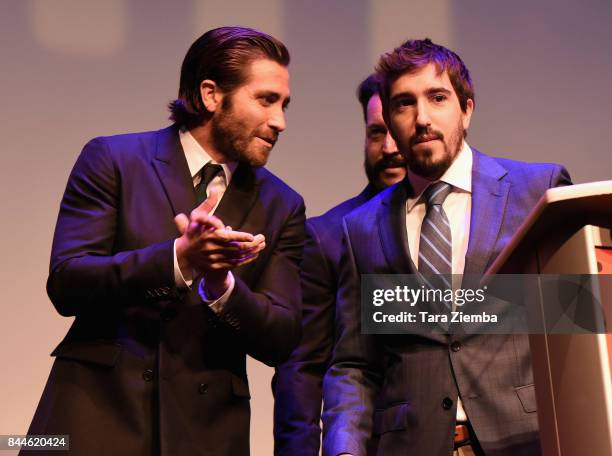 Jake Gyllenhaal and Jeff Bauman attend the 'Stronger' premiere during the 2017 Toronto International Film Festival at Roy Thomson Hall on September...