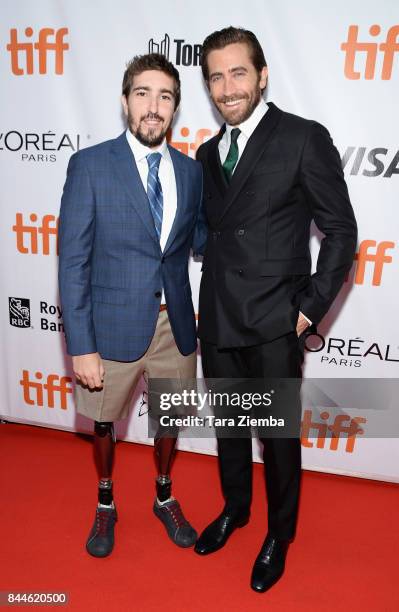 Jeff Bauman and Jake Gyllenhaal attend the 'Stronger' premiere during the 2017 Toronto International Film Festival at Roy Thomson Hall on September...