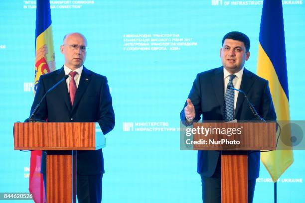 Ukrainian Prime Minister Volodymyr Groysman and his Moldovan counterpart Pavel Filip attend a conference, dedicated to transport issues, in Odesa,...