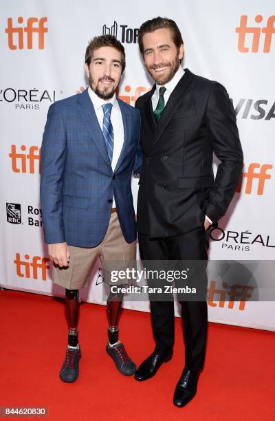 Jeff Bauman and Jake Gyllenhaal attend the 'Stronger' premiere during the 2017 Toronto International Film Festival at Roy Thomson Hall on September...