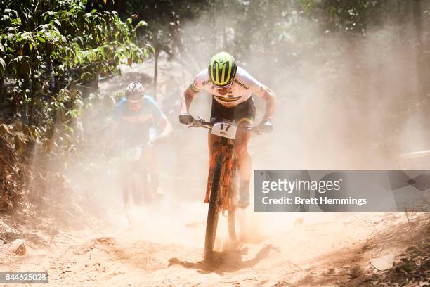 Daniel McConnell of Australia competes in the Elite Mens Cross Country race during the 2017 Mountain Bike World Championships on September 9, 2017 in...