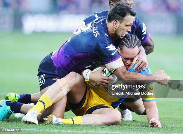 Will Chambers of the Storm tackles Brad Takairangi of the Eels during the NRL Qualifying Final match between the Melbourne Storm and the Parramatta...