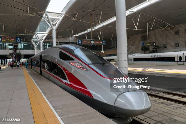 Renaissance EMU train stops at the station platform. New Renaissance EMU train , will be operated at a speed of 350 kilometers per hour on the...