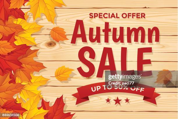 autumn sale on wood background with leaf - autumn sale stock illustrations