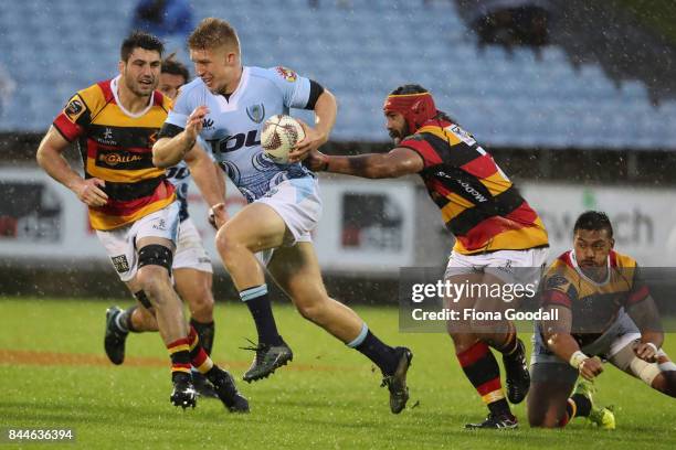 Jack Goodhue of Northland takes the ball up during the round four Mitre 10 Cup match between Northland and Waikato at Toll Stadium on September 9,...