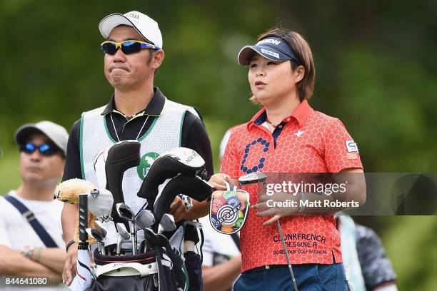 Hiroko Azuma of Japan speaks with her caddie during the third round of the 50th LPGA Championship Konica Minolta Cup 2017 at the Appi Kogen Golf Club...