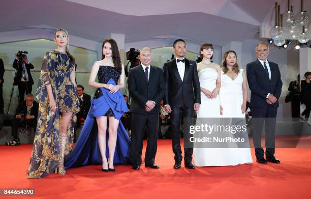 Venice, Italy. 08 September, 2017.Alberto Barbera , Angeles Woo, Ha Ji-Won, Zhang Hanyu, John Woo, Qi Wei, Tao Okamoto walk the red carpet ahead of...