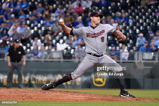 Matt Belisle of the Minnesota Twins throws against the Kansas City Royals at Kauffman Stadium on September 7, 2017 in Kansas City, Missouri.