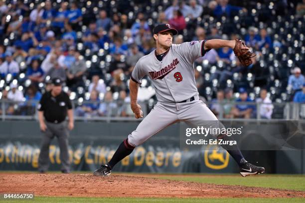 Matt Belisle of the Minnesota Twins throws against the Kansas City Royals at Kauffman Stadium on September 7, 2017 in Kansas City, Missouri.