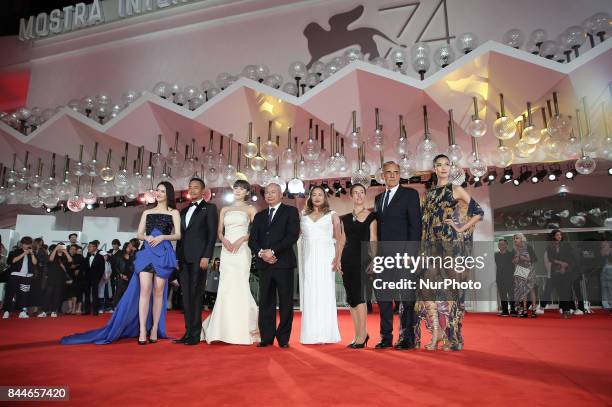 Venice, Italy. 08 September, 2017.Alberto Barbera , Angeles Woo, Ha Ji-Won, Zhang Hanyu, John Woo, Qi Wei, Tao Okamoto walk the red carpet ahead of...