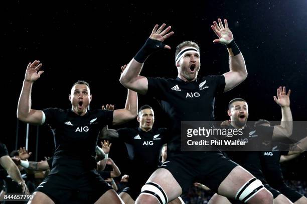 Kieran Read of the All Blacks leads the haka during The Rugby Championship match between the New Zealand All Blacks and Argentina at Yarrow Stadium...