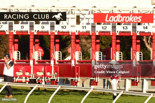 Mark Zahra is seen after his horse Star Exhibit reared and jumped rideless at the start of Race 8, DatoTan Chin Nam Stakes during Melbourne Racing at...