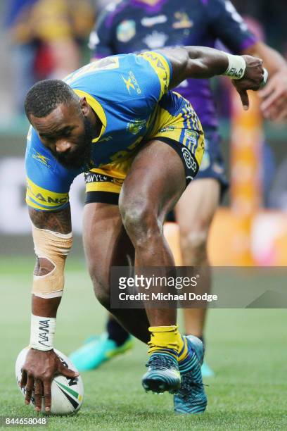 Semi Radradra of the Eels scores a try during the NRL Qualifying Final match between the Melbourne Storm and the Parramatta Eels at AAMI Park on...