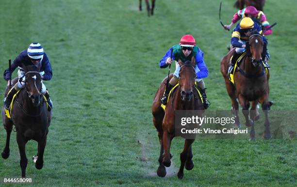 Damian Lane riding Bonneval wins Race 8, DatoTan Chin Nam Stakes during Melbourne Racing at Moonee Valley Racecourse on September 9, 2017 in...