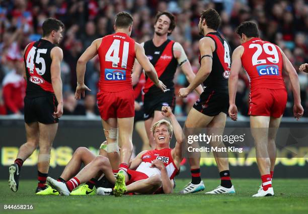 Isaac Heeney of the Swans celebrates a goal during the AFL Second Elimination Final match between the Sydney Swans and the Essendon Bombers at Sydney...